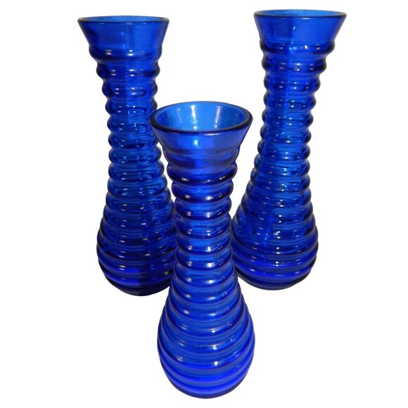 Cobalt Blue Ribbed Glass Vases Depression Glass Beehive Bud Vases Set Of 3 - Picture 1 of 13